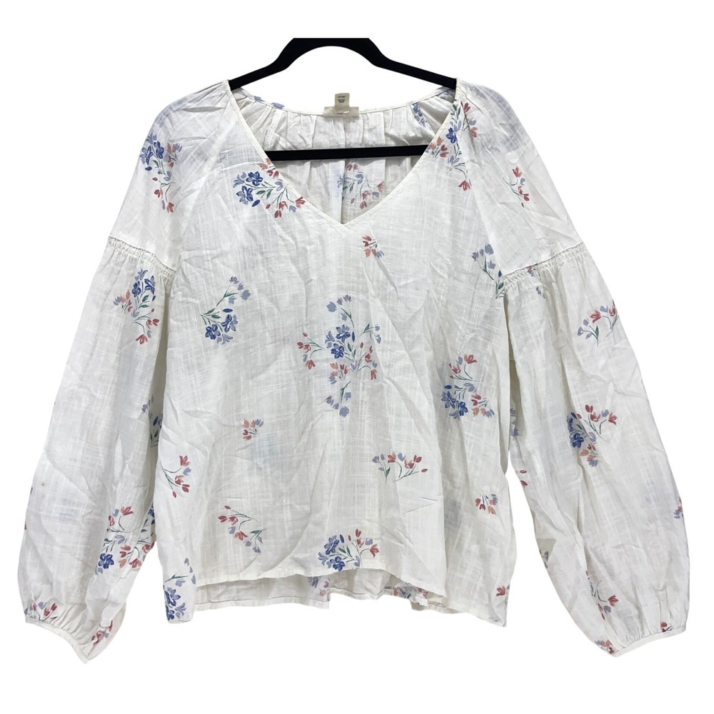 ana White Floral V-Neck Balloon Sleeve Blouse Size L Boho Cottagecore Peasant